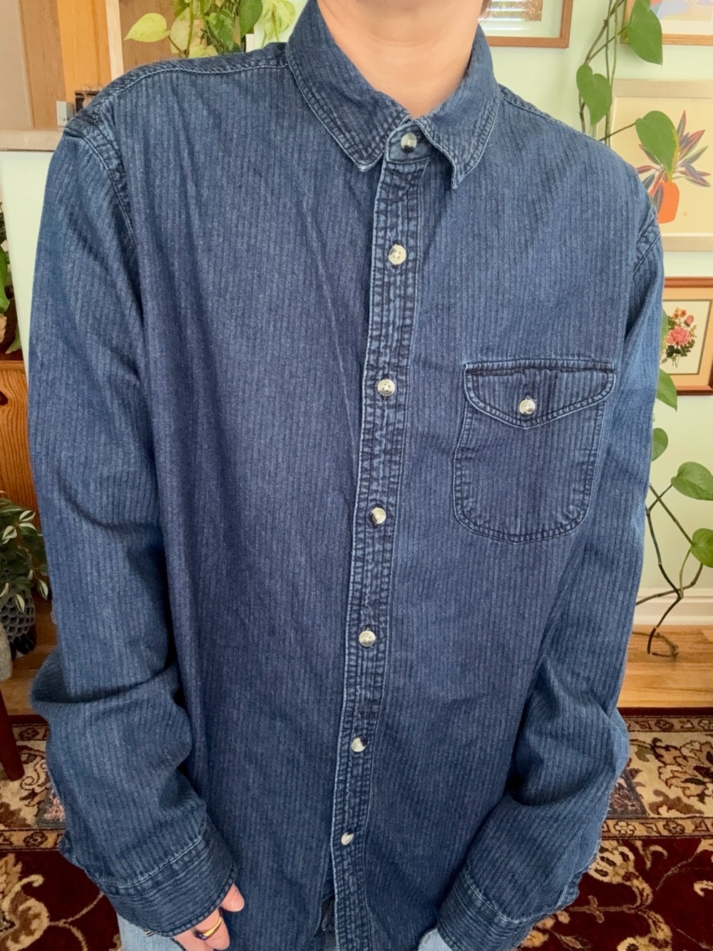 CPO Provisions Navy Blue Striped  Denim Button Up Shirt